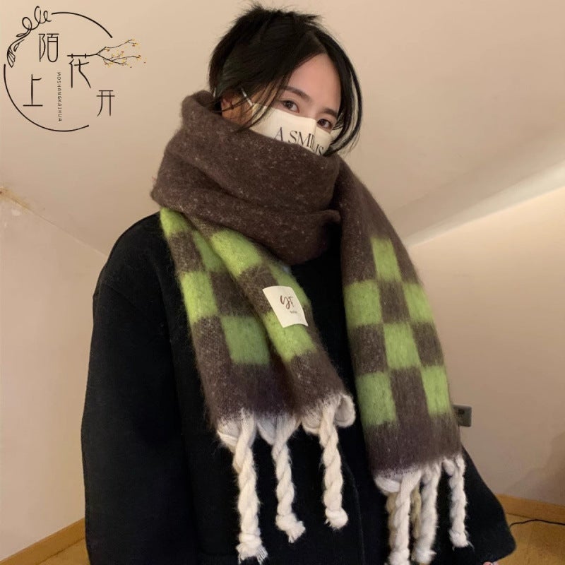 Chessboard Plaid Scarf Mohair Women'S Imitation Cashmere High-End Winter Soft Waxy Warm Tassel Shawl Neck Fashion - Image 2